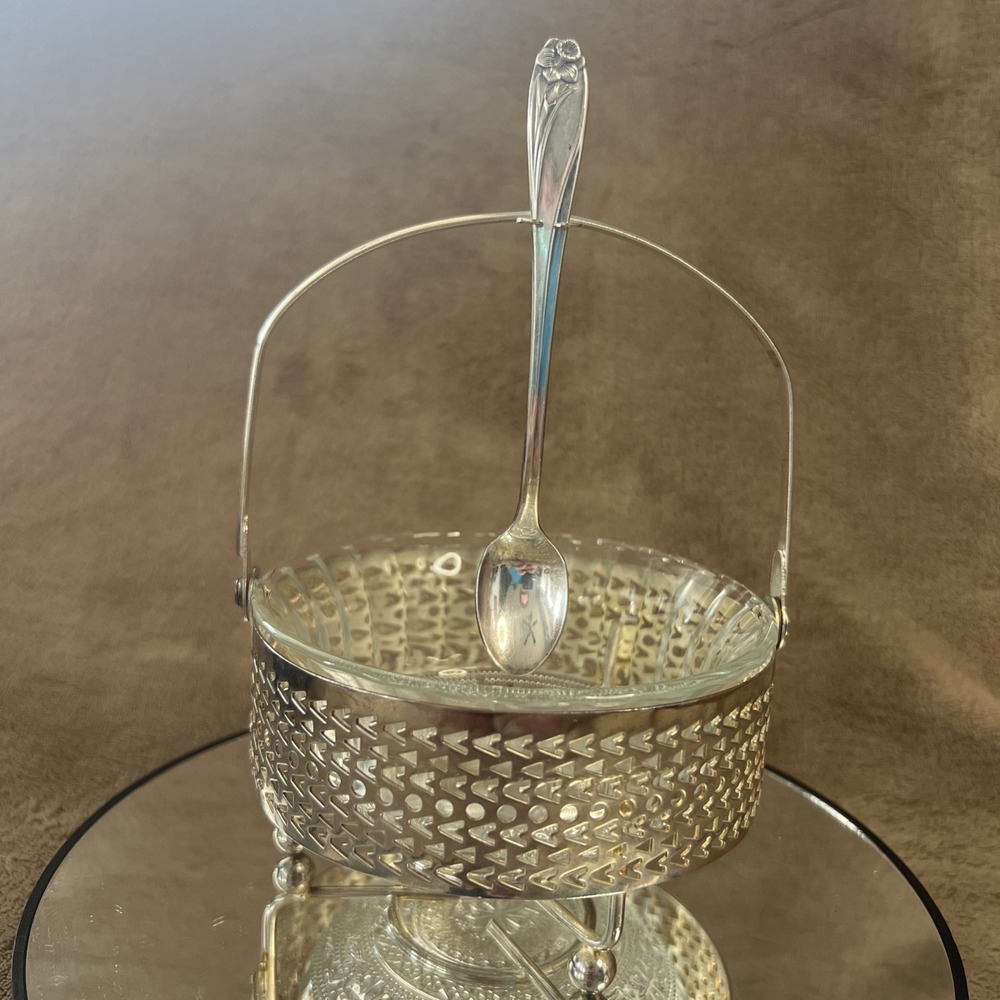 Vintage Glass Relish/Jelly Dish with Stand & 1847 Rogers‎ Bros Daffodil Spoon